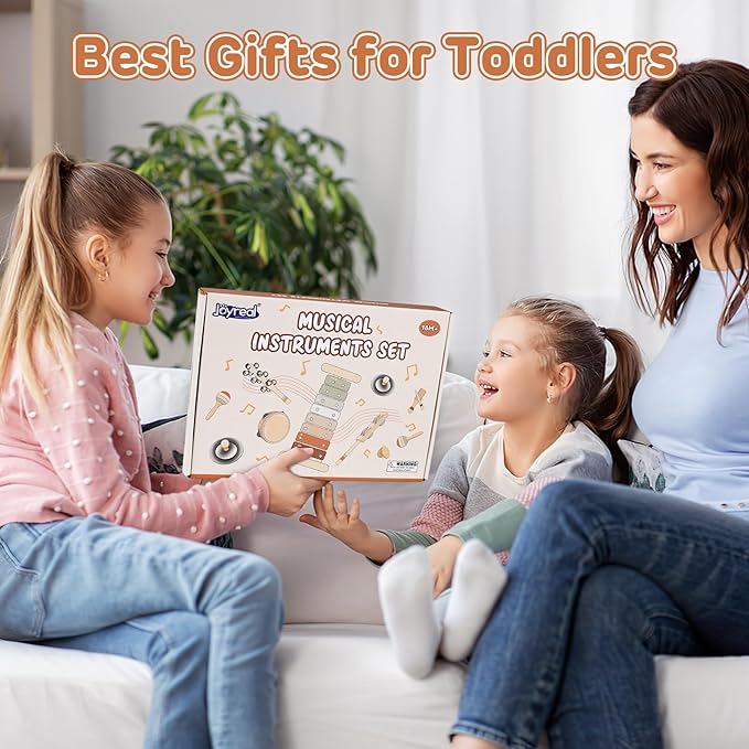 Toddler Musical Instruments, Joyreal Baby Musical Instruments Montessori Wooden Toys for Toddlers 3, Neutral Colors Percussion Instruments Set, Aesthetic Modern Boho Xylophone for Kids Playroom Gifts