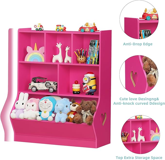 Lerliuo Kids Storage Organizer, 3 Tier Children Bookcase and Bookshelf, Toddler 6 Cubby Cabinet, Wood Book Shelf for Playroom, Bedroom, Living Room, Nursery, School 39.17'' H (Pink)