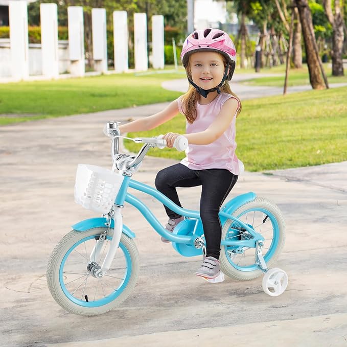 COSTWAY Kids Bike, 12 14 16 18 Inch Toddler Bike Children Bicycle w/Training Wheels, Hand & Coaster Brakes, Adjustable Saddle & Handlebar, Basket, Bell, Kids Bicycle for Girls Boys Aged 3-8 Years Old