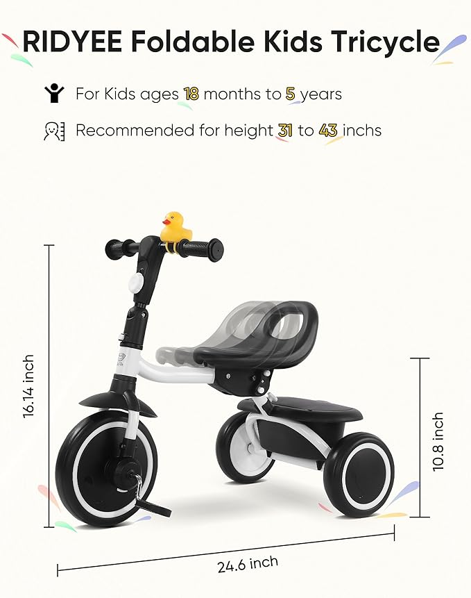 Toddler Tricycle for 18 Months to 5 Years, Foldable Tricycles for 3-5 Year Olds, Kids Tricycle with Adjustable Carry-Friendly Ergonomic Seat and Covered Large Basket, White