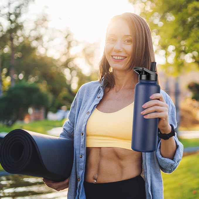 DOMICARE 40 oz Insulated Water Bottle Bulk, Vacuum Insulated Stainless Steel Sports Water Bottle with Straw Lid & Spout Lid, Leakproof, Reusable - Travel, Camping, Bike, Navy Blue (4 Pack)