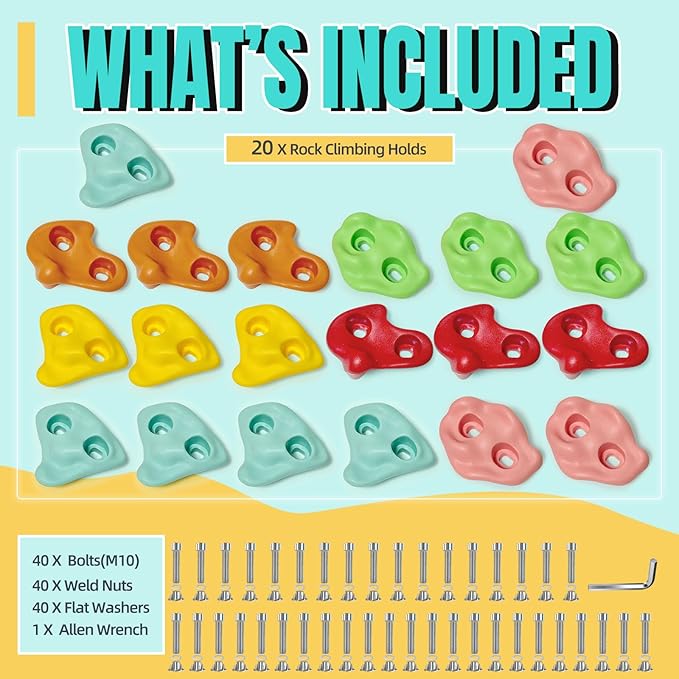 20 PCS Rock Climbing Holds for Kids, Extra Large Climbing Rock Wall Grips, Adult Rock Wall Holds Rock Wall Climbing Kit with Hardware for Indoor and Outdoor Climbing Wall Holds(Pastel Color)