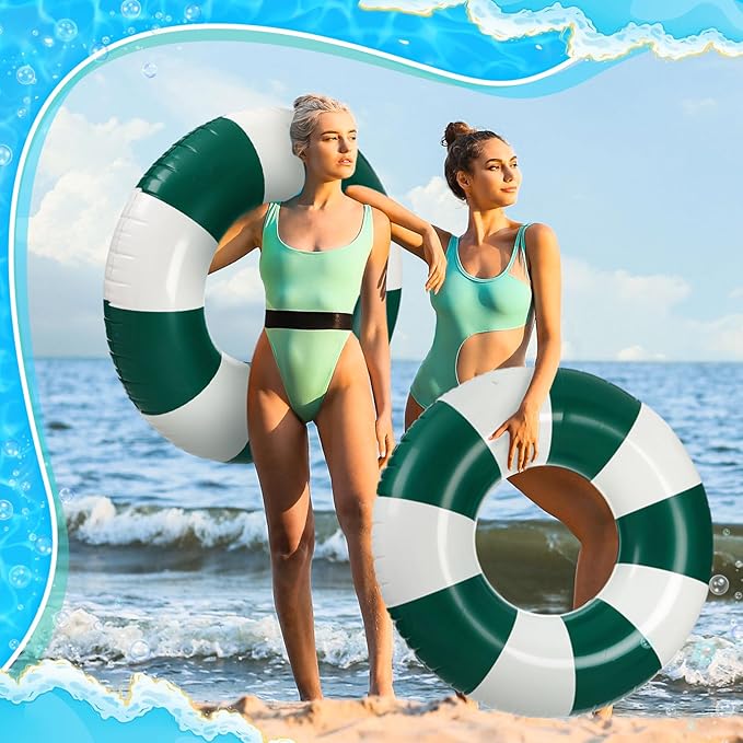Jumbo Pool Floats 47.24 Inch Large Swimming Ring Dark Green Striped Rings Inflatable Tube for Adult Swimming Pool Summer Beach Bachelorette Wedding Party Decor Supplies