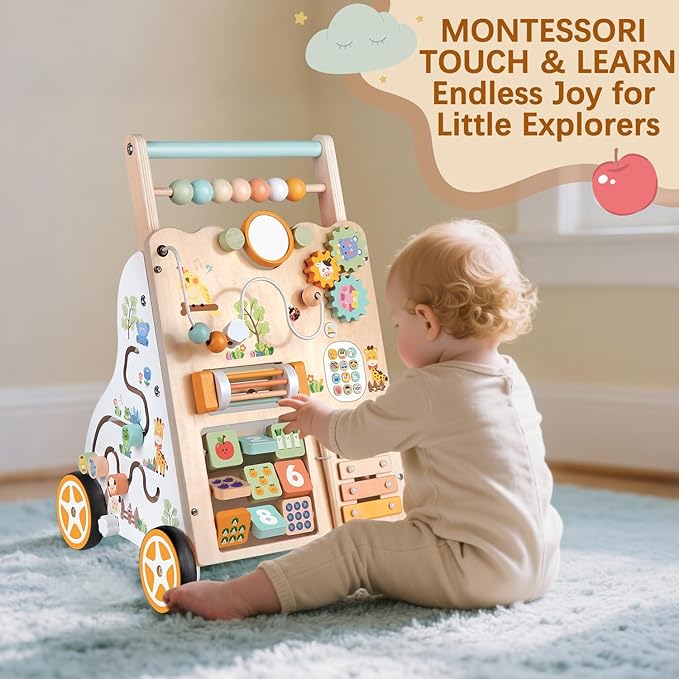 Baby Push Walker, Wooden Baby Walker with Wheels, Montessori Activity Center for 1 2 3 Years Old Boys Girls, Adjustable Speed & Height Push Toy for Toddlers, Educational Gift for 1+ Kids Development