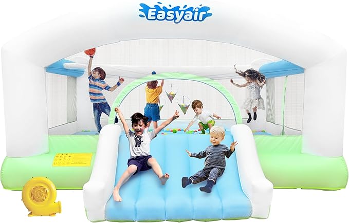 Large Bounce House for Big Kids, 14.8 x 14.5 FT Inflatable Bouncer Jumper Slide with 650W Blower, Basketball Hoop, Throw Ball Game, Ball Pits White