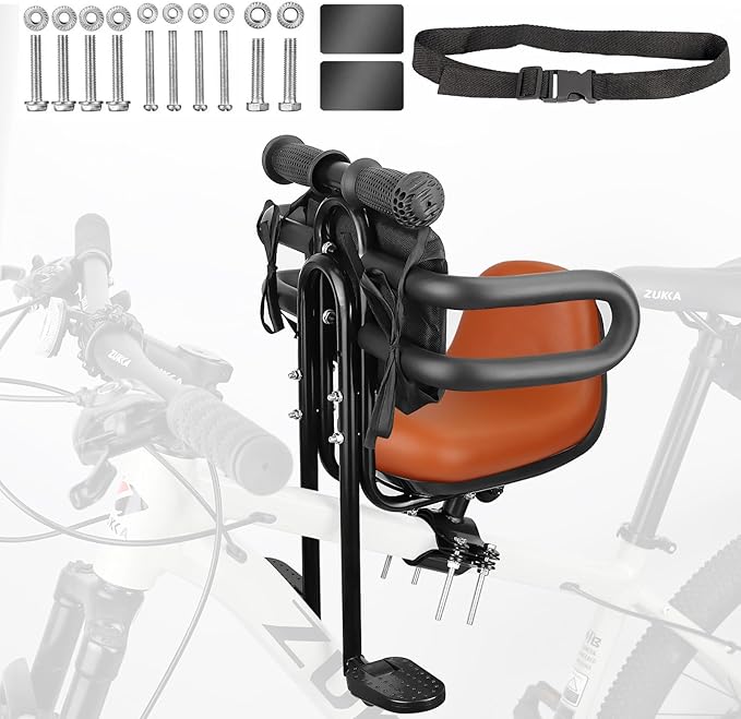 Child Bike Seat - Front Mount, Kids Bike Seat for Adult Bike,Retractable Baby Bike Seat Front Mounted, Toddler Bike Seat for Children 8 Months~4+ Years Old, Brown/Black
