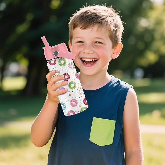 Donut Lover Gifts for Kids - 16oz Insulated Stainless Steel Water Bottle with Straw Lid, Leakproof BPA-Free Tumbler for School, Travel - Cute Donut Design Kids Cup for Boys & Girls (1pc)