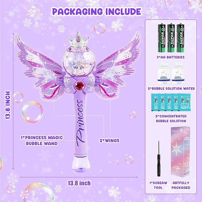 Princess Bubble Wands for Kids Girls,Music & Light Up Bubble Machine,Bubble Blower,Outdoor Party Birthday Bubble Toys for Toddlers, for Girls Age 3 4 5 6 7 8 Years Old.(Purple)