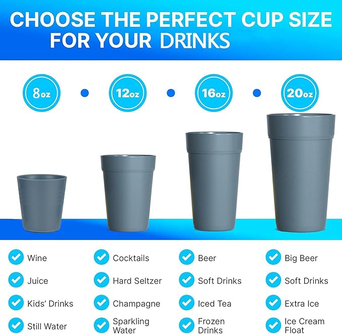 12 Oz Plastic Cups Reusable, Set of 8 Wheat Straw Drinking Cups, Microwave and Dishwasher Safe BPA Free Unbreakable Water Cups for Kitchen, Home, Office, and Outdoor Use