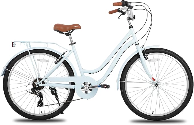HILAND 26 inch Beach Cruiser Bike for Men and Women, 7 Speed Step-Through Frame Adult Bicycle with Rear Rack, Retrospec Bike Commuter City Bicycle