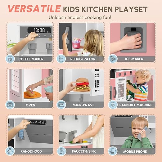 BIERUM Play Kitchen with Realistic Lights & Sounds, Wooden Kitchen Playset with 28 Pcs Toy Food & Cookware Accessories, Toy Kitchen with Plenty of Play Features, Idea Gift for Boys and Girls Ages 3+