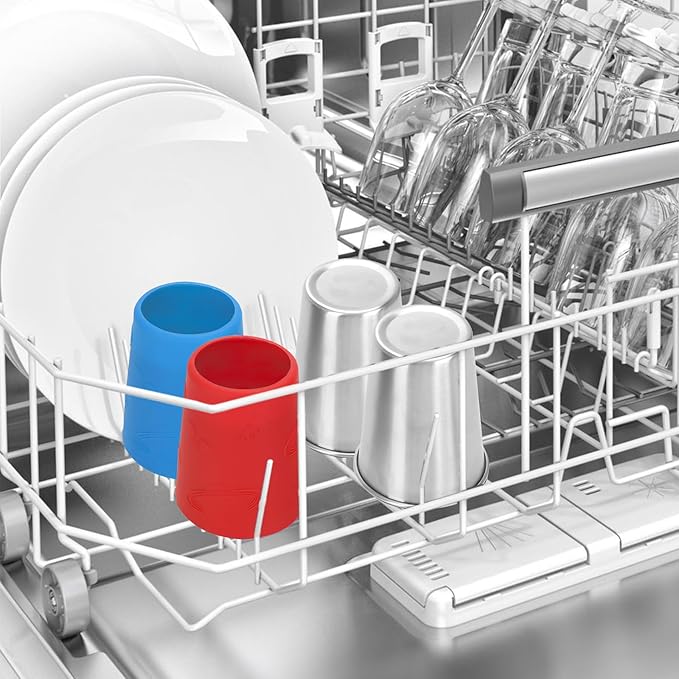 ShineMe Stainless Steel Kids Cups with Straws and Lids, 2 Pack Toddler Cups Spill Proof with Cute Sleeves in Bright Colors, 12oz Unbreakable Kids Drinking Tumblers for Cold/Hot Drinks (Red & Blue)