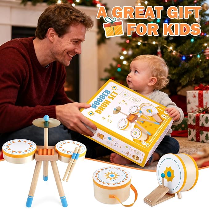 Kids Wooden Drum Kit, Montessori Musical Instruments for Toddlers, Baby Percussion Set Music Toys with Cymbal, Pedal Bass Drum & 2 Drumsticks, Educational Learning Birthday Gift for Boys Girls Ages 3+