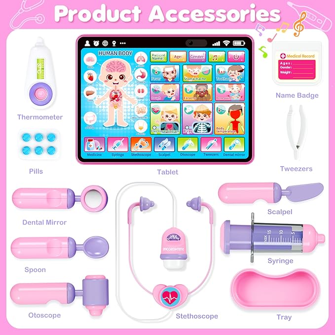 Doctor Kit for for Girls 1 Years Old, Interactive Doctor Tablet with Sound & Music, Doctors Pretend Playset with Stethoscope, Educational Girl Toys Ages 1 2 3, Christmas Birthday Gift for Kid Toddler