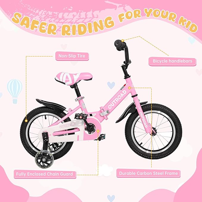 14/16/18 Inch Folding Kids Bike with Training Wheels, Gifts for Girl&Boy Age 3-10 Years, Toddler Bike with Dual Brakes for Beginners, Multi-Color