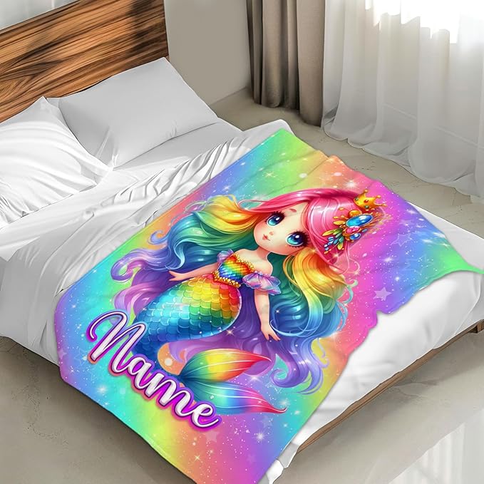 Mermaid Blankets Gift Custom Throw Blankets for Kids Girls 4-6, Personalized 40x50 Inches Small Soft Fuzzy Cute Mermaid Tail Accessories Throw Gifts for Travel Camp Cars Office All Seasons