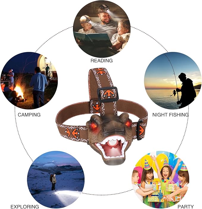 Dinosaur Kids Headlamp, T-Rex Dinosaur Led Headlamp Flashlight, Dinosaur Toy Headlamp Flashlight with 4 Lighting Mode for Boys, Girls’ Camping, Hiking, Reading and Party (Brown)