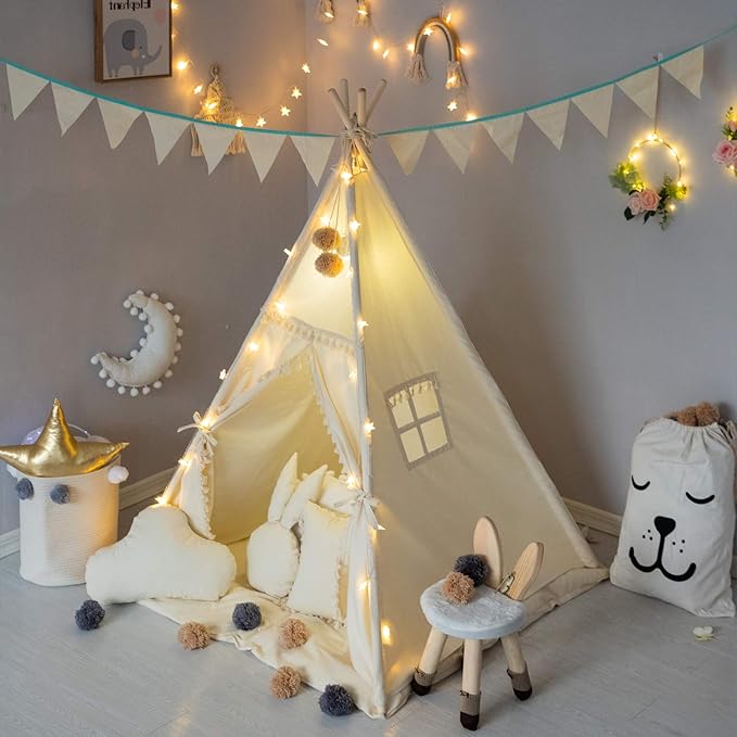 Kids Teepee Tent with Padded Mat, Banner, Fairy Lights, Yarn Ball, Carry Bag, Beige Cotton Canvas Play Tent for Child with Tassels Lace, Play House Tipi for Kids Room Decor