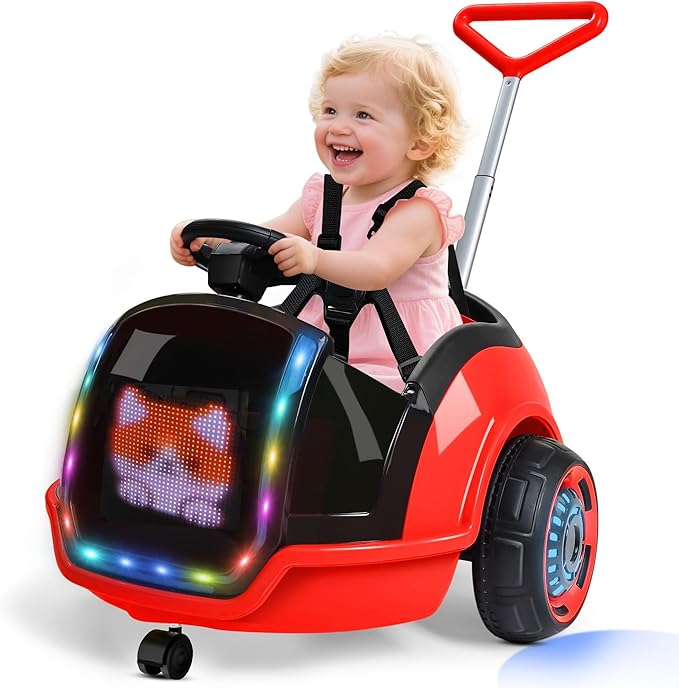 ANPABO 3-in-1 Electric Push Ride On Car, 12V Kids Ride On Toy w/Remote Control, 360° Spin, LED Display, Colorful LED Light, 5-Point Safety Belt, Music Player, Push Car for Toddler Ages 1-3 (Red)