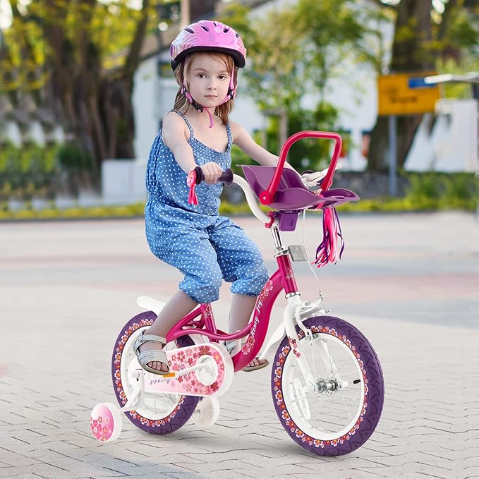 BABY JOY Kids Bike, 12 14 16 18 Inch Children Bicycle w/Detachable Training Wheels, Storage Basket, Adjustable Seat & Handlebar, Bow or Streamer, Girls Bike for 3-8 Years Old