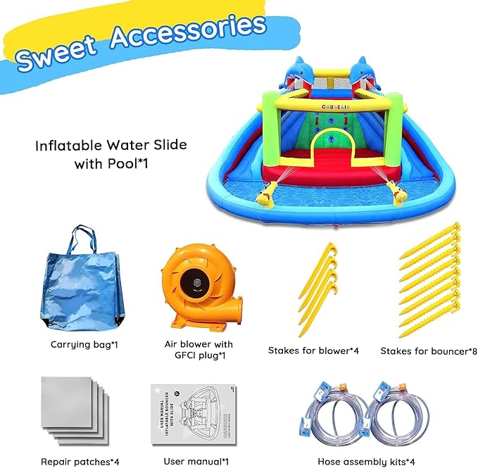 Inflatable Water Slide with Bounce House,Dolphin Styling,Splashing Pool,Double Water Cannon,Climbing Wall,Heavy Duty GFCI Blower,Inflatable Water Park Slide for Kids Backyard Summer