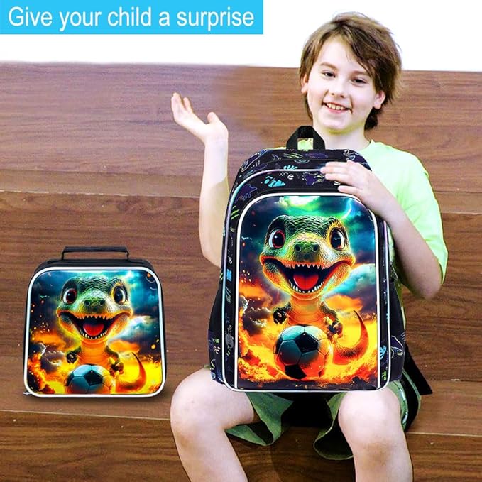 3Pcs Dinosaur Backpack for Boy, 16" Soccer Bookbag for Elementary Preschool Kindergarten, Kids School Backpacks with Lunch Box (Black)