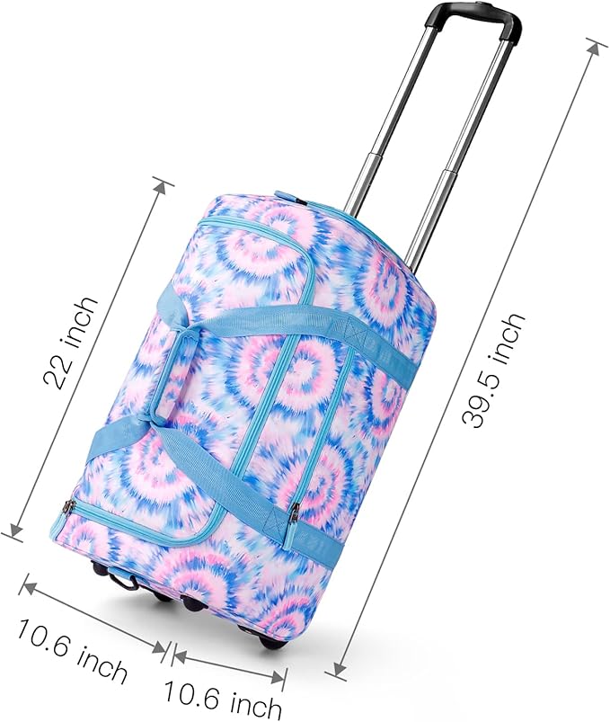 Choco Mocha Girls Tie Dye Suitcase with Wheels Kids Blue Rolling Duffle Bag for Camping Teen Girls Toddler Luggage Bag for Travel, 22inch