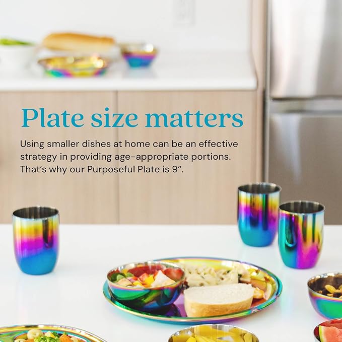 Ahimsa Stainless Steel Plates for Kids, 9" Colorful Stainless Steel Plates, Pediatrician Designed & Non Toxic, Unbreakable, Dishwasher Safe, Set of 4 Rainbow