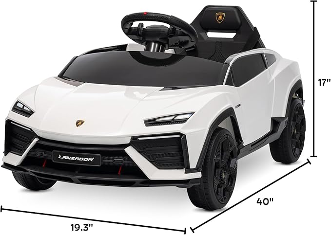 Kidzone Kids Electric Ride On 12V Licensed Lamborghini Lanzador Battery Powered Sports Car Toy with Parent Remote Control & Manual Drive, Bluetooth, LED Lights&Music - White