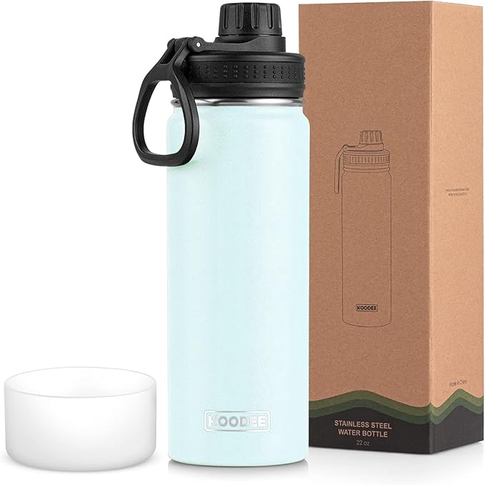 koodee Insulated Water Bottle, 22 oz Stainless Steel Double Wall Vacuum Wide Mouth Sport Bottle with Leakproof Spout Lid (Bby Blue)