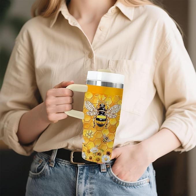 14oz Bee Tumbler with Handle, Stainless Steel Insulated Cup with Lid and Straw Personalized 14 OZ Bee Tumblers Gifts for Women Men