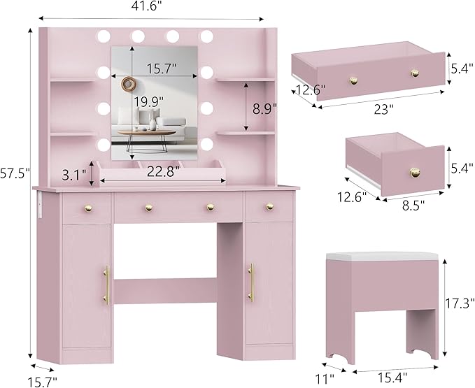 Makeup Vanity Desk with Mirror and Lights, 43" Pink Vanity Set with Chair, 3 Drawers, Power Outlet & Adjustable RGB LED Lights, Dressing Table with Storage Shelf for Women & Girls Bedroom
