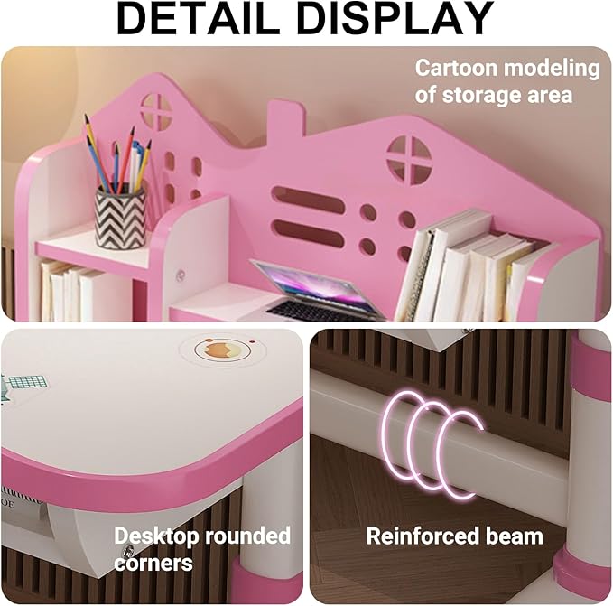 Upgraded Kid's Desk and Chair Set, Adjustable Children's Study Table with Bookshelf and Storage Drawer, 50-Degree Tiltable Desktop with Chair for Bedroom (Pink2 105cm)