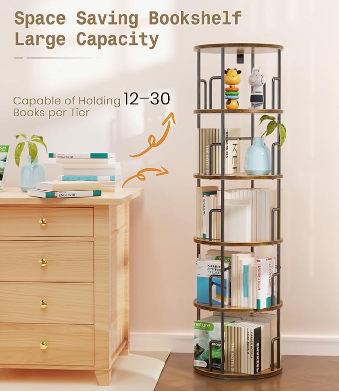 5 Tier Rotating Bookshelf Tower Round,Tall Floor Standing Spinning Bookshelf Tower Anti-Tipping Design,Metal & Wood Revolving Bookcase Stackable Space Saving for Small Spaces,Study,Living Room,Bedroom