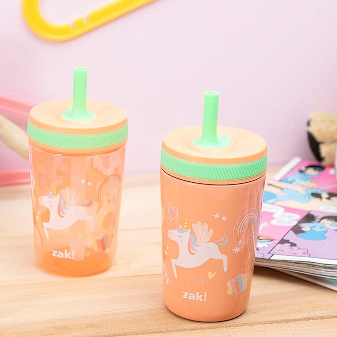 Zak Designs Unicorn Kelso Tumbler Set,Leak-Proof Screw-On Lid with Straw, Bundle for Kids Includes Plastic and Stainless Steel Cups with Bonus Sipper, 3pc Set, Non-BPA