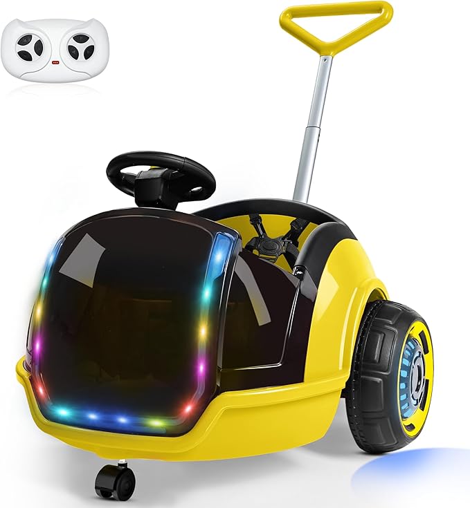 ANPABO 3-in-1 Electric Push Ride On Car, 12V Kids Ride On Toy w/Remote Control, 360° Spin, 5-Point Safety Belt, Colorful LED Light, Music Player, Push Car for Toddler Ages 1-3 (Yellow)
