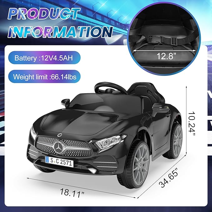 12V Kids Ride On Car with 2.4G Remote Control,Battery Powered Electric Car Ride On Vehicle Double Doors, 5 Point Safety Belt,LED Light (SC-Black)