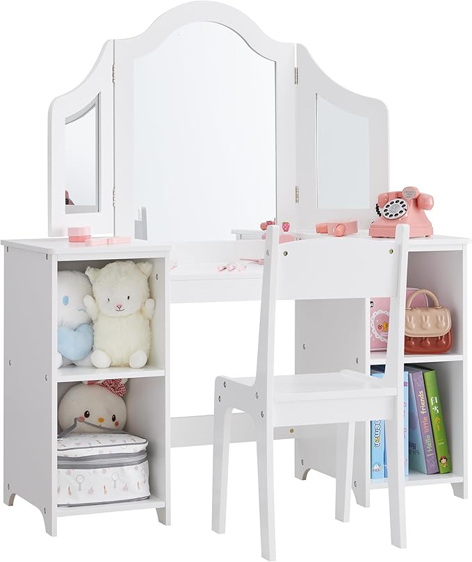 2 in 1 Kids Princess Vanity Storage Cabinet with Detachable Top, Tri-fold Mirror, Kids Vanity for Girls Age 3-9 (White with Chair)