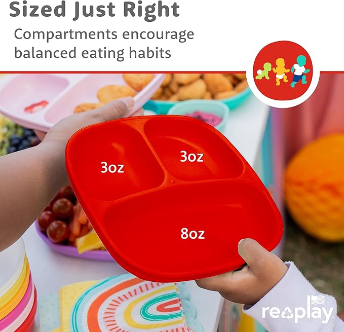 Re-Play Toddler Plates with Dividers - Deep-Walled 3 Compartments Divided Plates for Kids - Dishwasher & Microwave Safe - Made in USA - Set of 4-7.37" x 7.37" x 1.25" - Red