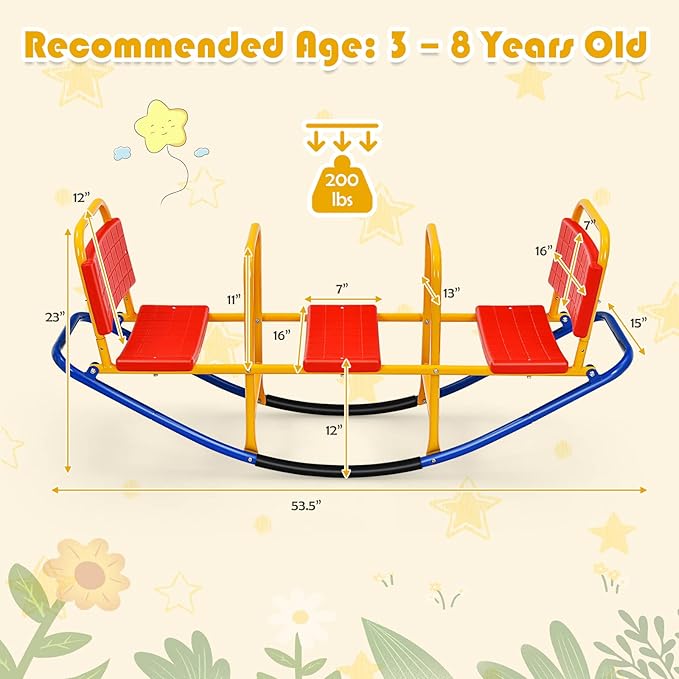 3-Person Teeter Totter Seesaw, Sit and Spin 360° Rotating Rocking Toy for Toddlers, Heavy Duty Metal Seesaw for Kids Outdoor, 3-Seater Backyard Playground Equipment for Ages 3-8 (Red)