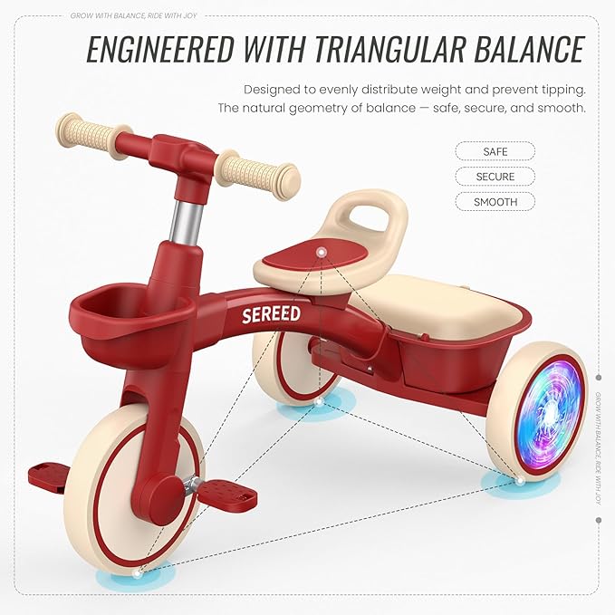 SEREED Colorful Lighting Toddler Tricycle for 2-5 Years Old Boys Girls, Adjustable Seat&Handlebar Trike, Removable Basket, Birthday Gift Idea for Kids Ages 2+ (Red)