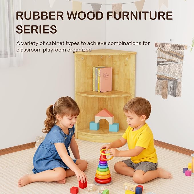 wingyz Rubber Wood Corner Cabinet, 2-Tier Montessori Shelf, 2 Shelf Bookcase Toy Storage Organizer, Montessori Bookshelf for Kids Rooms, Classroom, Playroom, Nursery, Daycare, Child-Safe