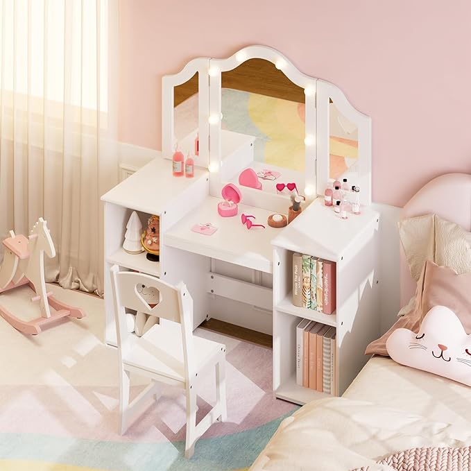 Kids Vanity with Lights,Princess Makeup Desk and Chair with Tri-Fold Mirror,Open Bookshelf, Storage Cabinet,Toddler Vanity,Pretend Play Dressing Table for Little Girls,White
