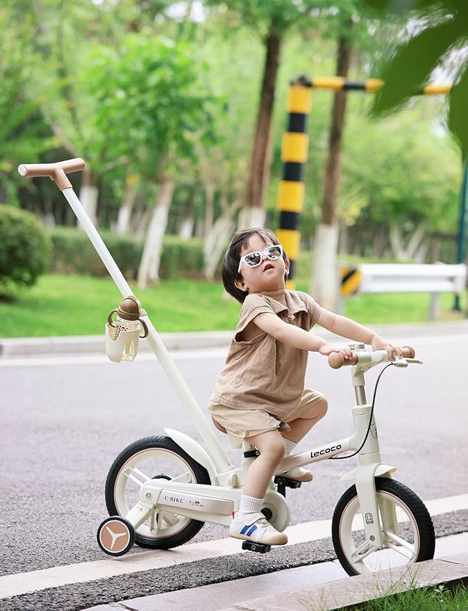 lecoco Upgraded Toddler Bike with Push Handle 6 in 1 for Kids, Balance Bicycle Toys with Training Wheels, Brackes, Cup Holder, Pedal, Kickstand Birthday Gift for Boys and Girls