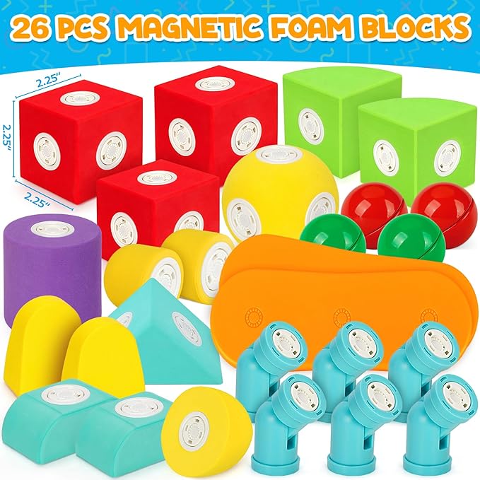 26 PCS Magnetic Foam Blocks, STEM Preschool Toys for Children, Magnetic Building Blocks for Toddlers, Kids Bath Toys and Montessori Sensory Toys, Birthday for Boys & Girls Age 3 4 5 6+
