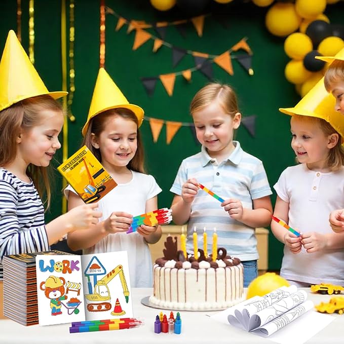 BenLouis 12 Construction Mini Coloring Books Kids with 12 Stacking Crayons Excavator Theme Party Favors Small Activity Books Bulk for Kids Construction Birthday Party Gift Goodie Bag Stuffers