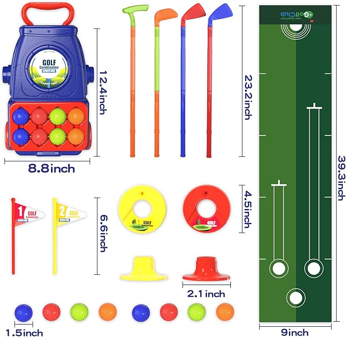 QDRAGON Kids Golf Clubs, Toddler Golf Set with 8 Balls, Putting Mat, 4 Golf Sticks, 2 Practice Holes and Golf Cart with Wheels, Indoor Outdoor Sport Toys for Boys Girls Ages 3 4 5+
