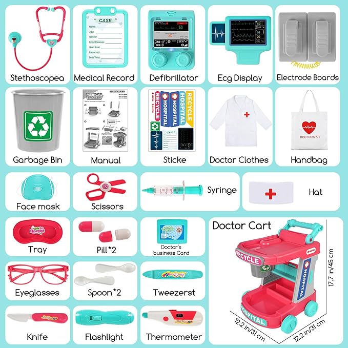 Upgraded Doctor Pretend Playset for Toddlers, Pretend Play Medical Toy Doctor Cart, Doctor Toy for Toddlers 3-5, Christmas Birthday Costume Role Play Dress Up Gift Ideas for Boys Girls(Pink)
