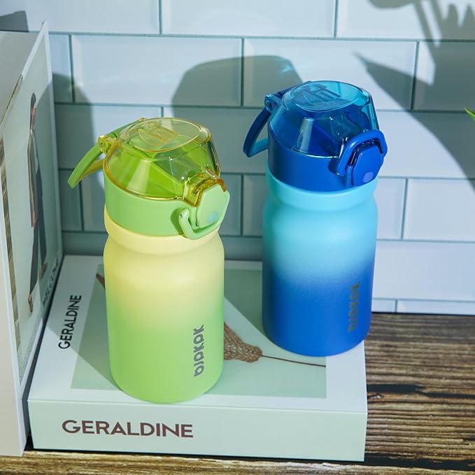 BJPKPK Water Bottle with Straw 14oz Insulated Water Bottles Reusable Stainless Steel Metal Thermal Flask with Leak Proof Lockable Lid and Carry Handle,Lime