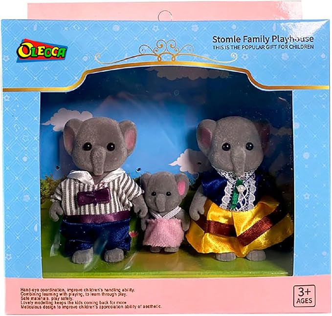 Family Gray Elephant Figures — Set of 3 Collectible Flocked Mini Dolls with Removable Clothes, Miniature Dollhouse Pretend Play Figures for Kids Ages 3+